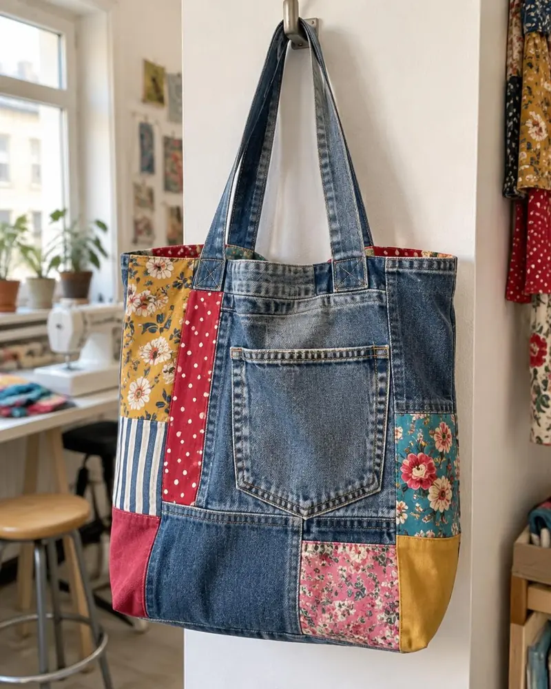 Einkaufstasche aus alter Jeans mit Patchwork-Seiten