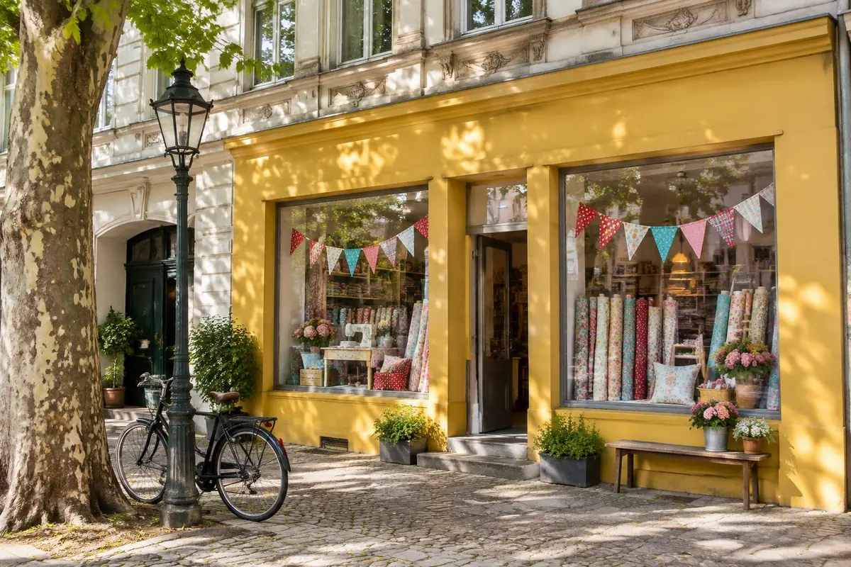 Gelb gestrichene Ladenfront mit Wimpelkette im Schaufenster und Fahrrad davor