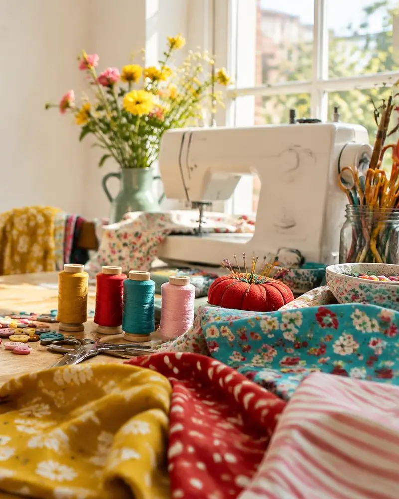 Nähtisch mit bunten Stoffen, Garnrollen, Knöpfen und Nähmaschine vor einem Fenster mit Blumenstrauß