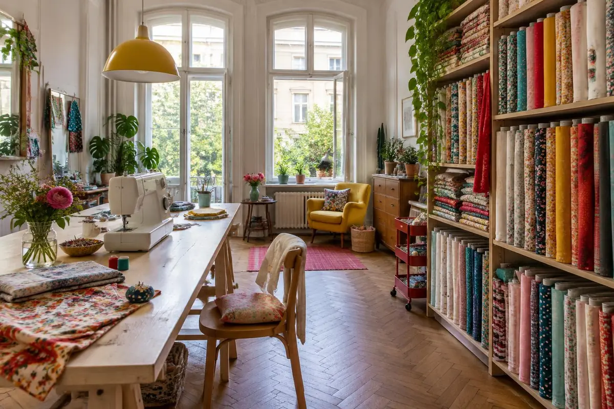 Bunte Nähstube mit Regalen voller Stoffballen, langem Arbeitstisch und gelber Lampe