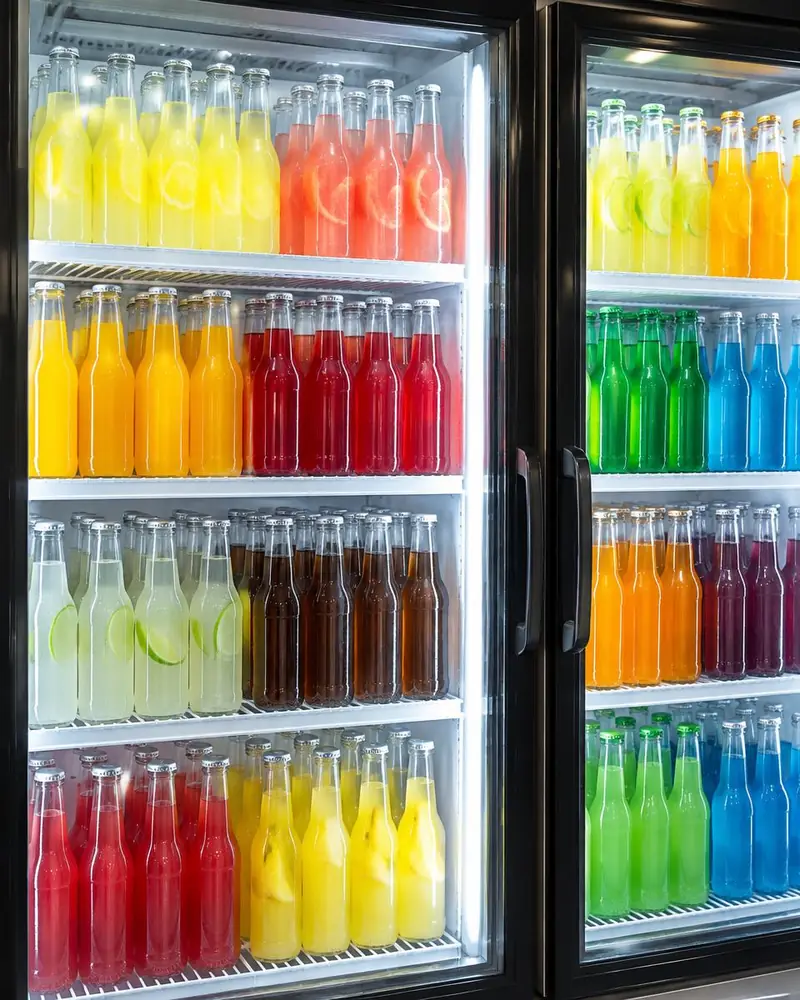 Kühlschrank voller bunter Glasflaschen mit Limonade