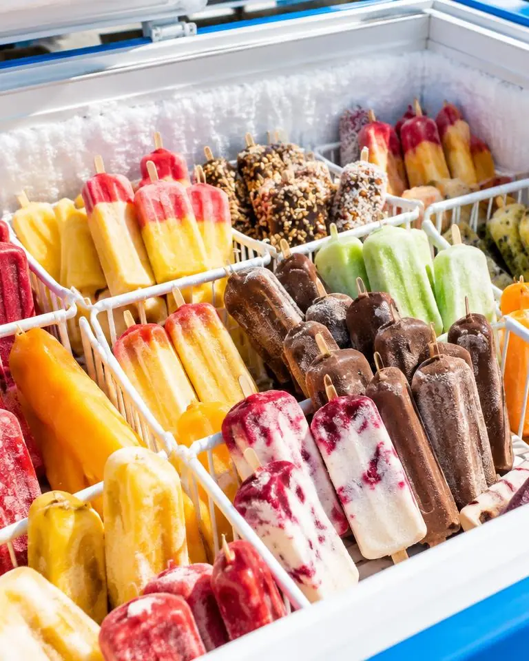 Offene Eistruhe mit buntem Eis am Stiel