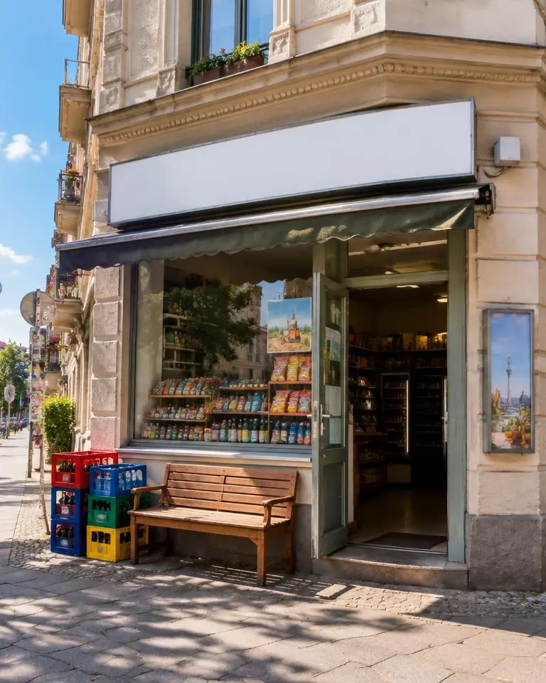 Ladenfront des Kiosk mit Holzbank an einer Berliner Straßenecke