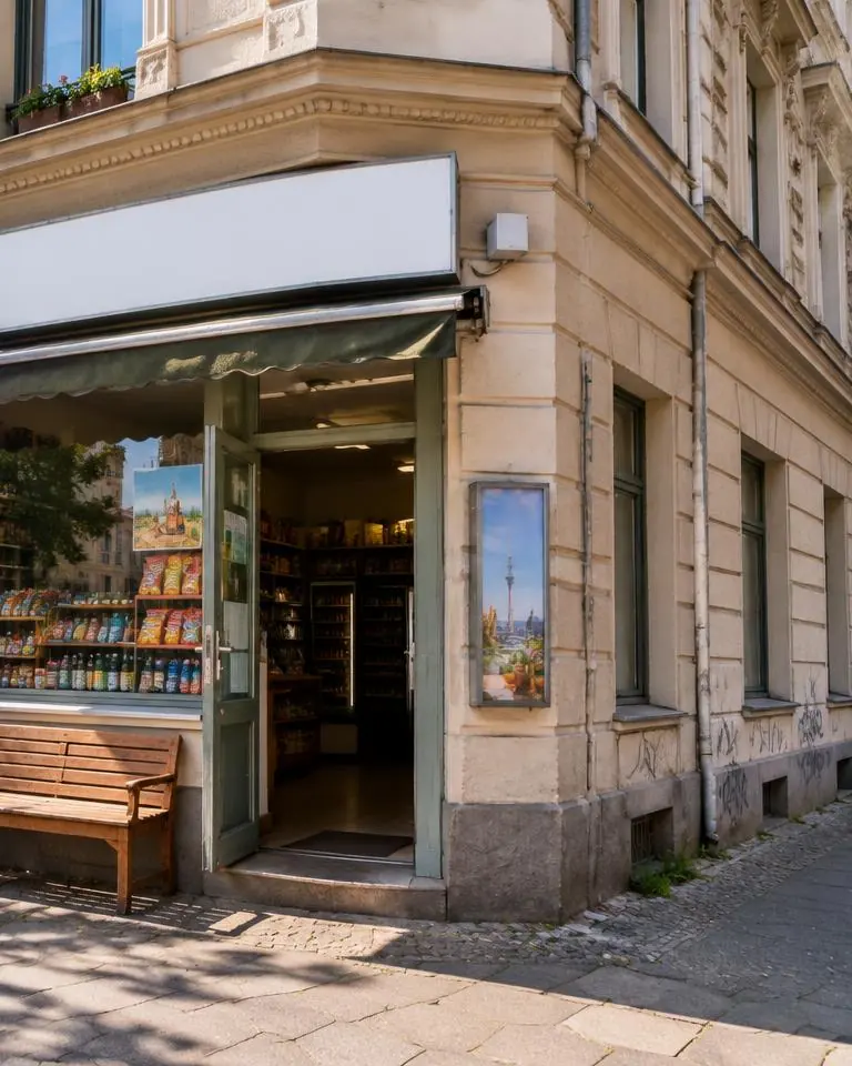 Kiosk an einer sonnigen Berliner Straßenecke mit Holzbank, Getränkekisten und Blick auf den Fernsehturm