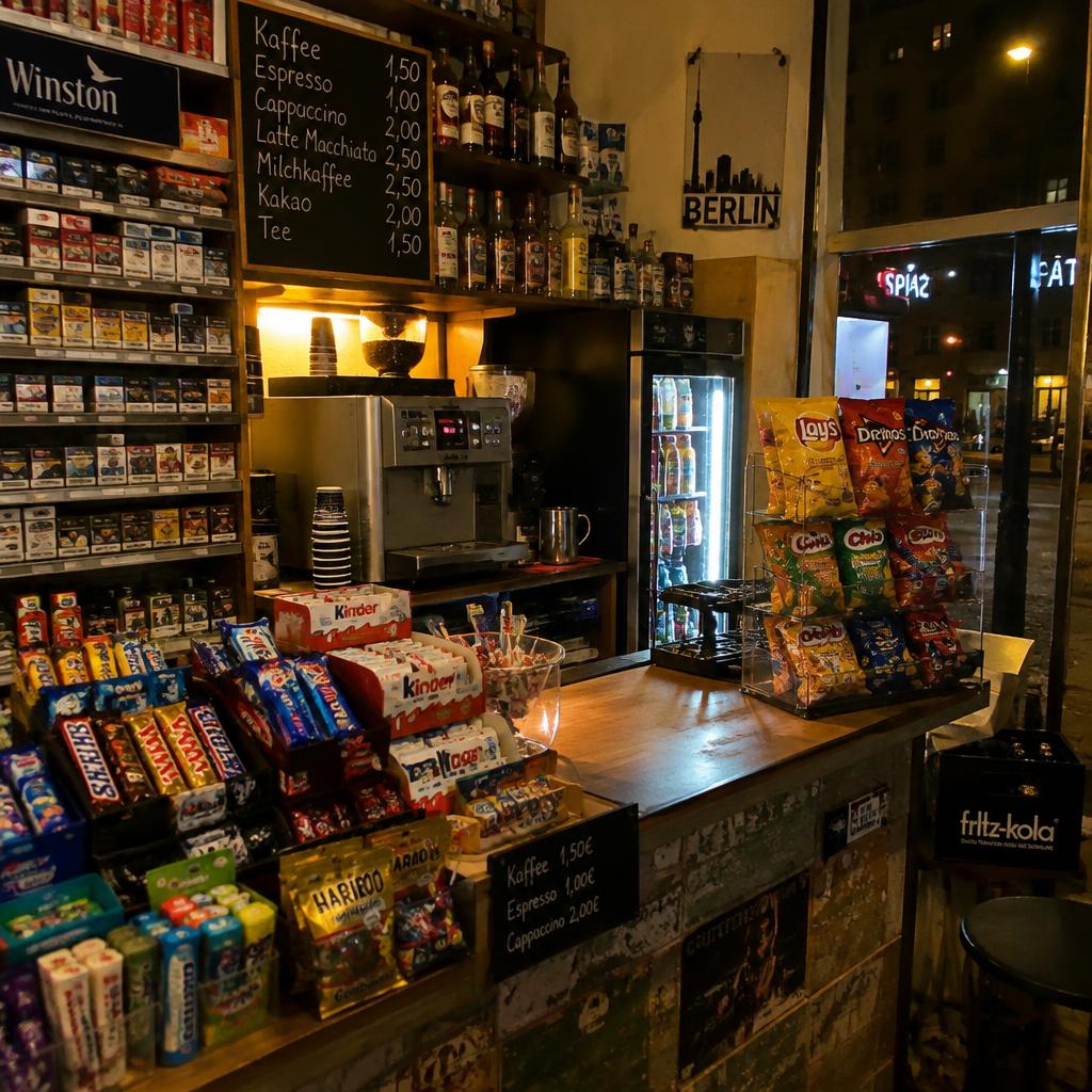 Theke mit Snacks und Kaffeemaschine