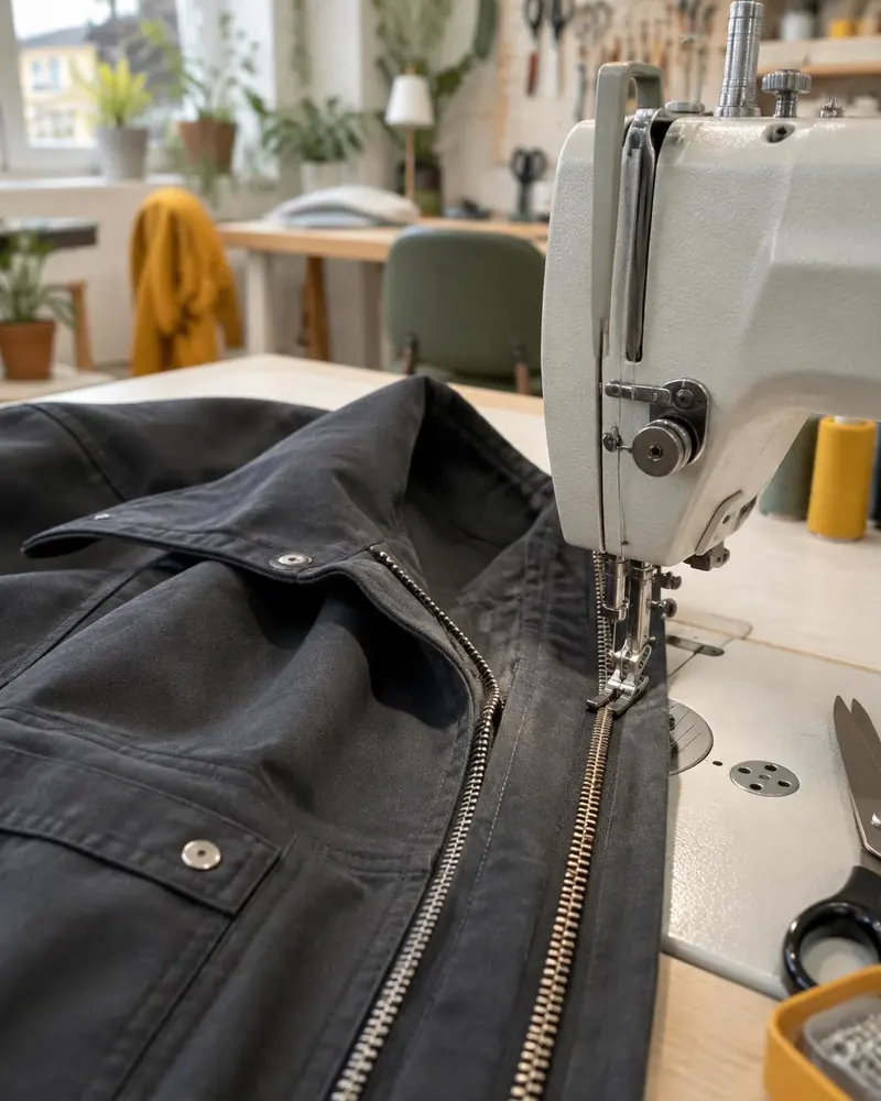 Dunkle Jacke mit Reißverschluss unter der Nähmaschine