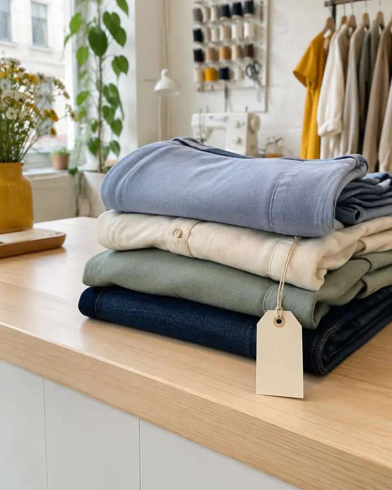 Gefaltete Hosen und Hemden in Blau, Creme und Grün mit Anhänger auf der Theke