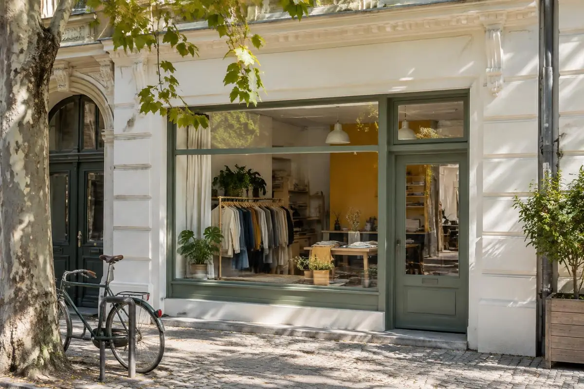 Helles Ladengeschäft in Kreuzberg mit grüner Tür und Fahrrad vor dem Schaufenster
