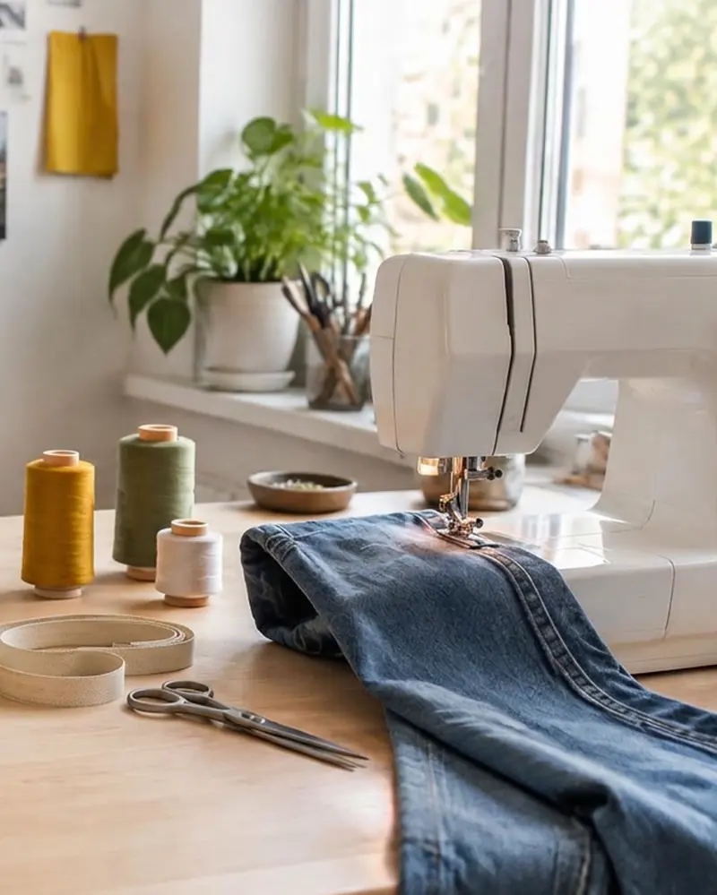Helle Werkstatt mit Nähmaschine, Garnrollen, Maßband, Schere und einer Jeans auf dem Holztisch