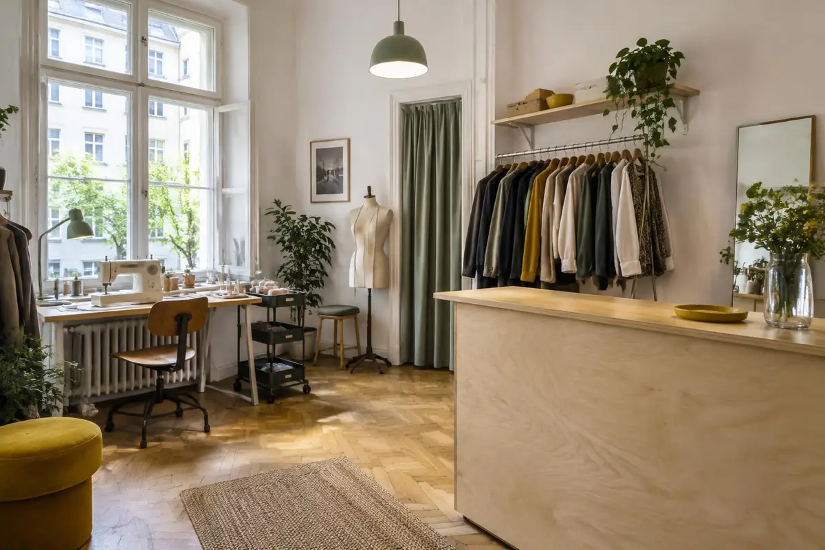 Helle Änderungsschneiderei mit Theke, Kleiderstange, Nähmaschinentisch und großem Fenster