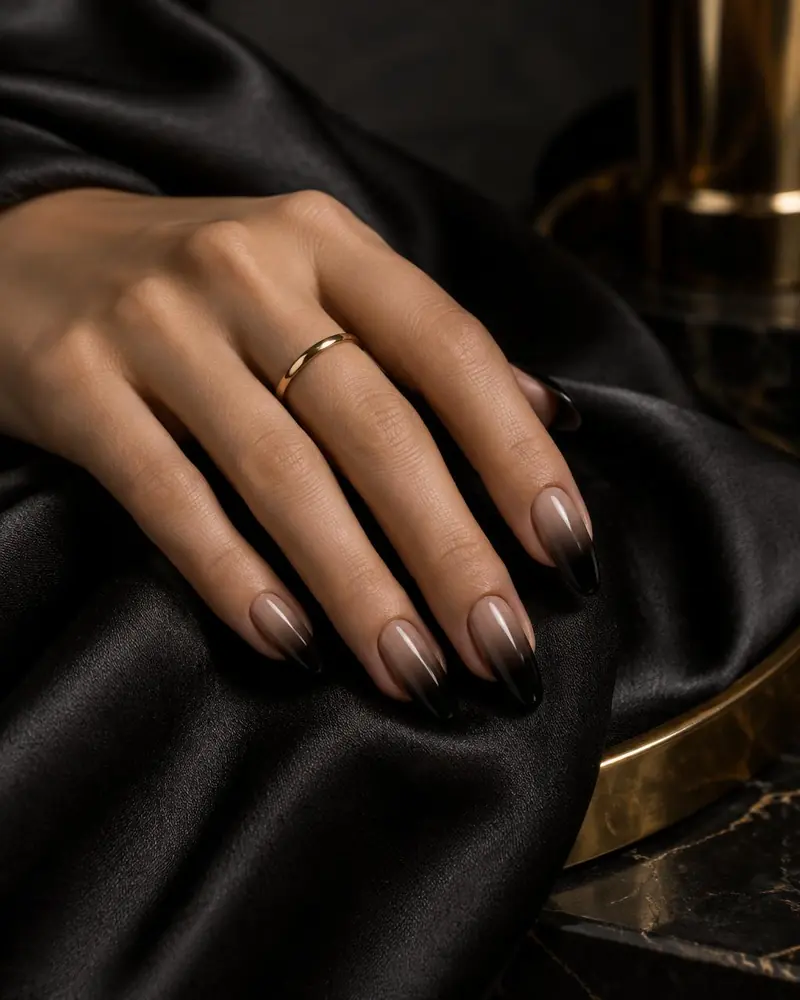 Sanfter Farbverlauf von Nude zu Schwarz, dazu ein schmaler Goldring.