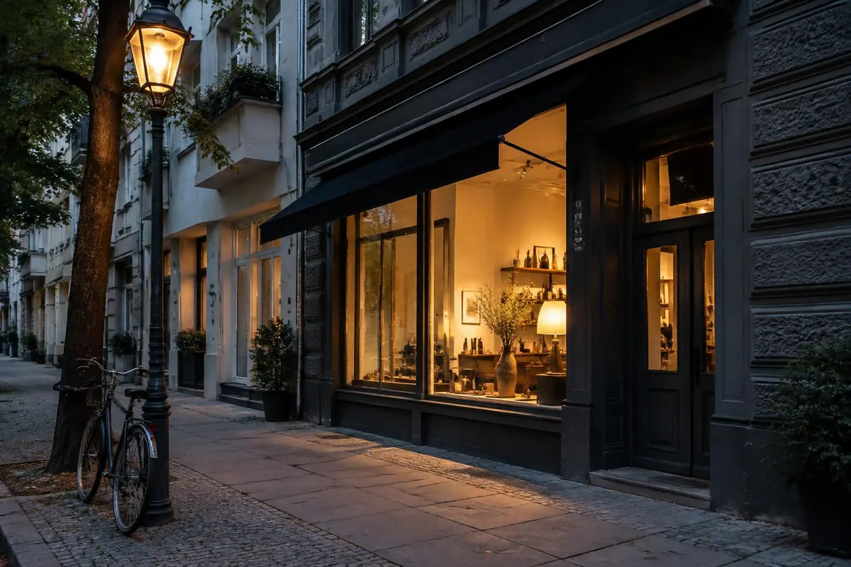 Ladengeschäft im Altbau mit dunkler Fassade und warm beleuchtetem Schaufenster am Abend
