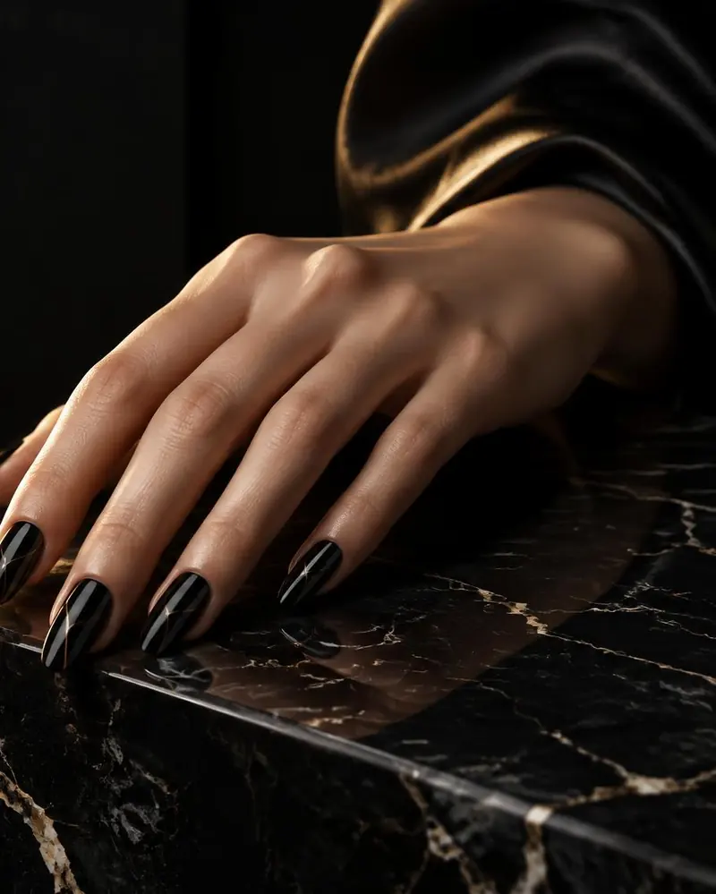 Elegante Hand mit schwarz glänzenden Nägeln und goldener Linie auf schwarzem Marmor