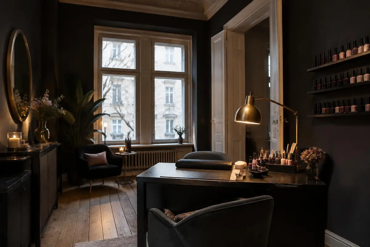 Nagelstudio im Altbau mit dunklen Wänden, Manikürtisch, goldener Lampe und Dielenboden