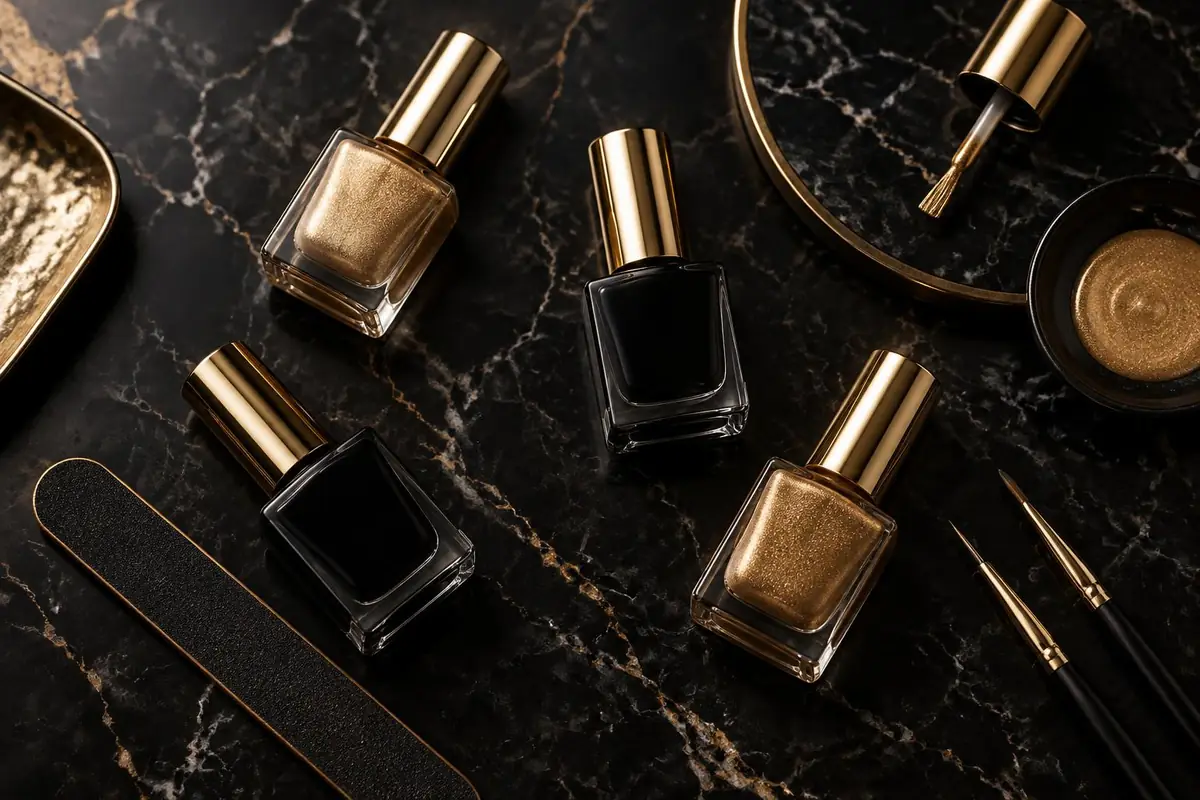 Goldene und schwarze Nagellack-Fläschchen mit Feile und Pinsel auf schwarzem Marmor