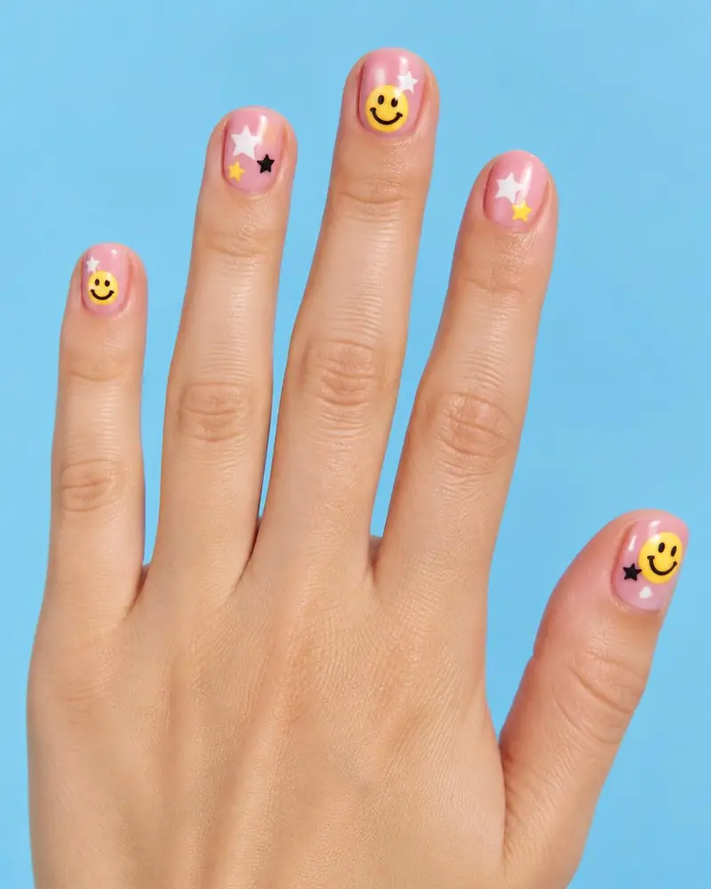 Kurze Nägel mit kleinen aufgemalten Smileys und Sternen.