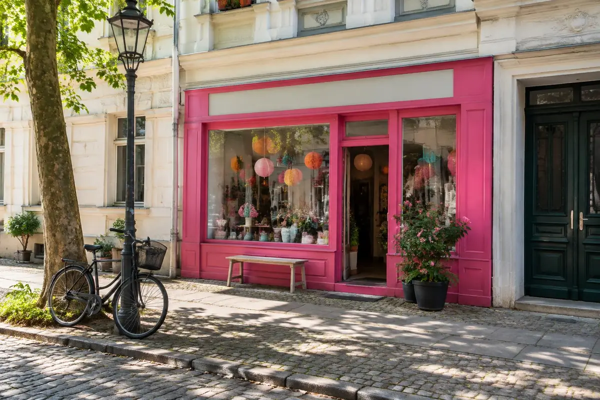 Pink gestrichene Ladenfront in einem Berliner Altbau mit Kopfsteinpflaster und Fahrrad