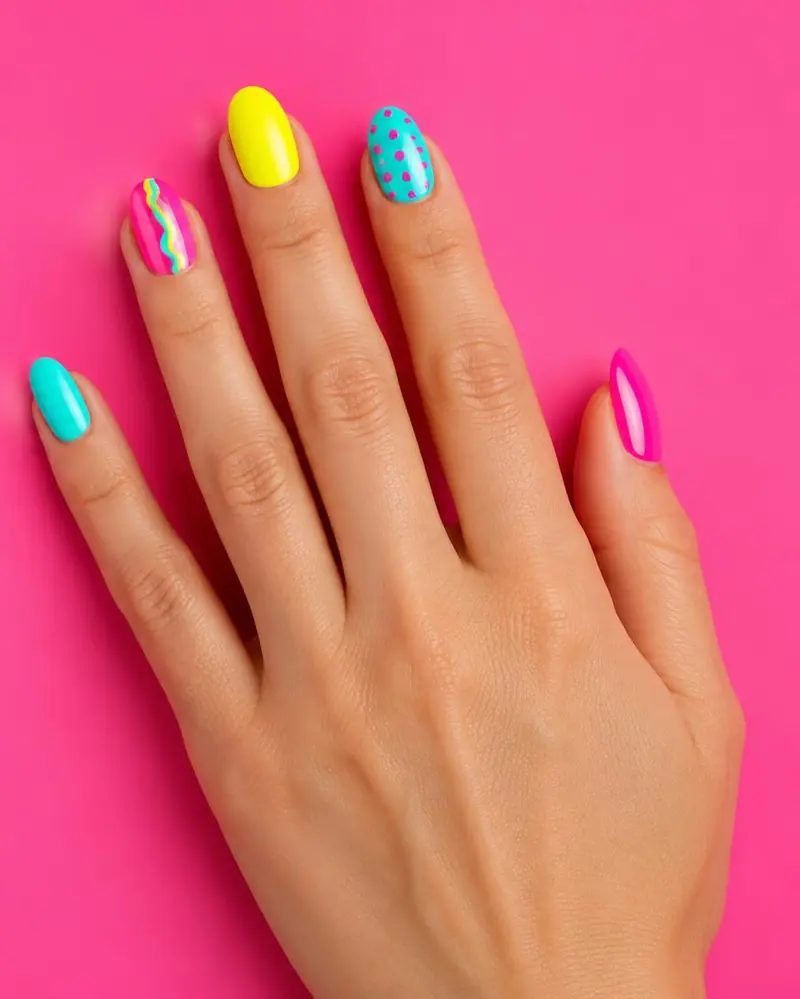 Hand mit bunter Nail Art in Neonpink, Gelb und Türkis auf pinkem Hintergrund