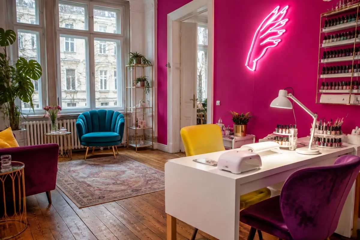 Buntes Nagelstudio im Altbau mit pinker Wand, Neonschild, bunten Stühlen und Dielenboden