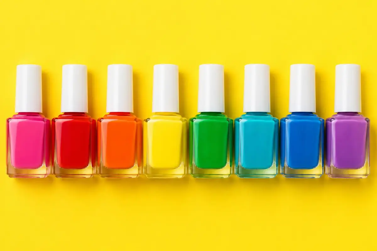 Nagellack-Fläschchen in allen Regenbogenfarben nebeneinander auf gelbem Hintergrund