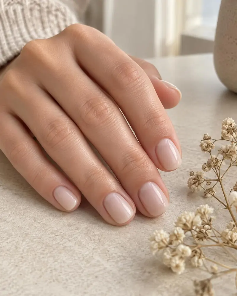 Natürlich wirkende Nägel in milchigem Nude, daneben getrocknete Blumen.