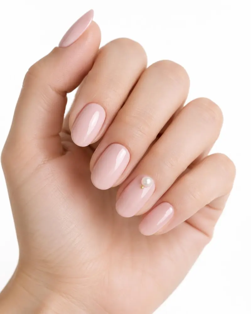 Zartrosa Nägel mit einer kleinen Perle als einzigem Schmuck.