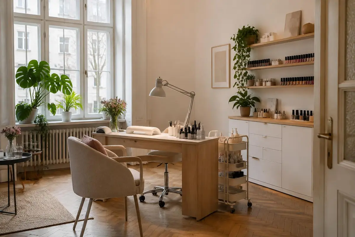 Helles Nagelstudio im Altbau mit Parkett, großem Fenster, Zimmerpflanzen und Manikürtisch