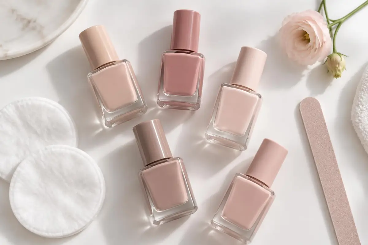Pastellfarbene Nagellack-Fläschchen mit Wattepads, Feile und einer Blüte auf Weiß