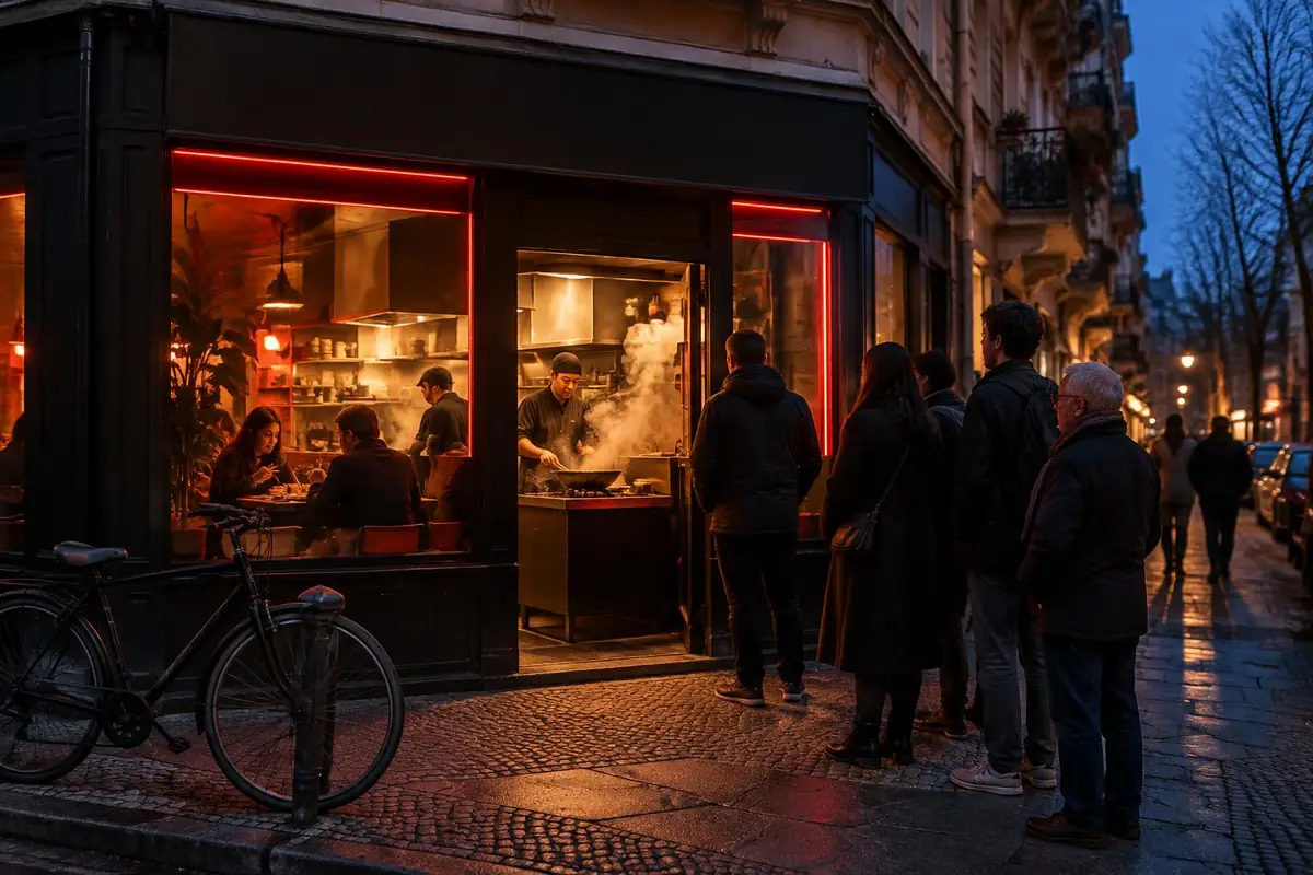 Beleuchtetes Eckgeschäft am Abend mit Menschen in der Schlange