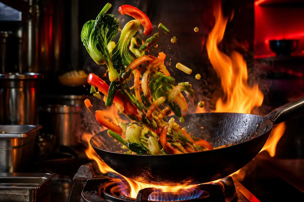 Gemüse fliegt aus dem Wok über offener Flamme