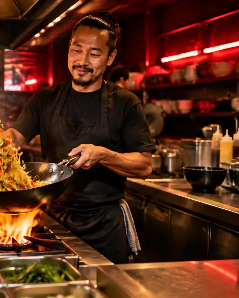 Koch schwenkt Nudeln im Wok über offener Flamme in einer dunklen Küche mit roten Neonlichtern