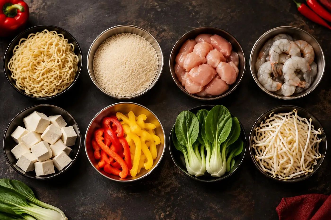 Schalen mit Nudeln, Reis, Hähnchen, Garnelen, Tofu, Paprika, Pak Choi und Sprossen